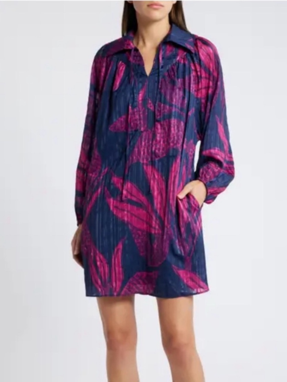NWOT Ciebon Elisa Long-Sleeve Navy & Magenta Print Mini Dress - Large -$110